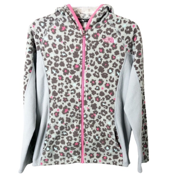 The North Face Girls' Gray Pink Animal Print Full Zip Fleece Hoodie Size XL - Picture 1 of 7